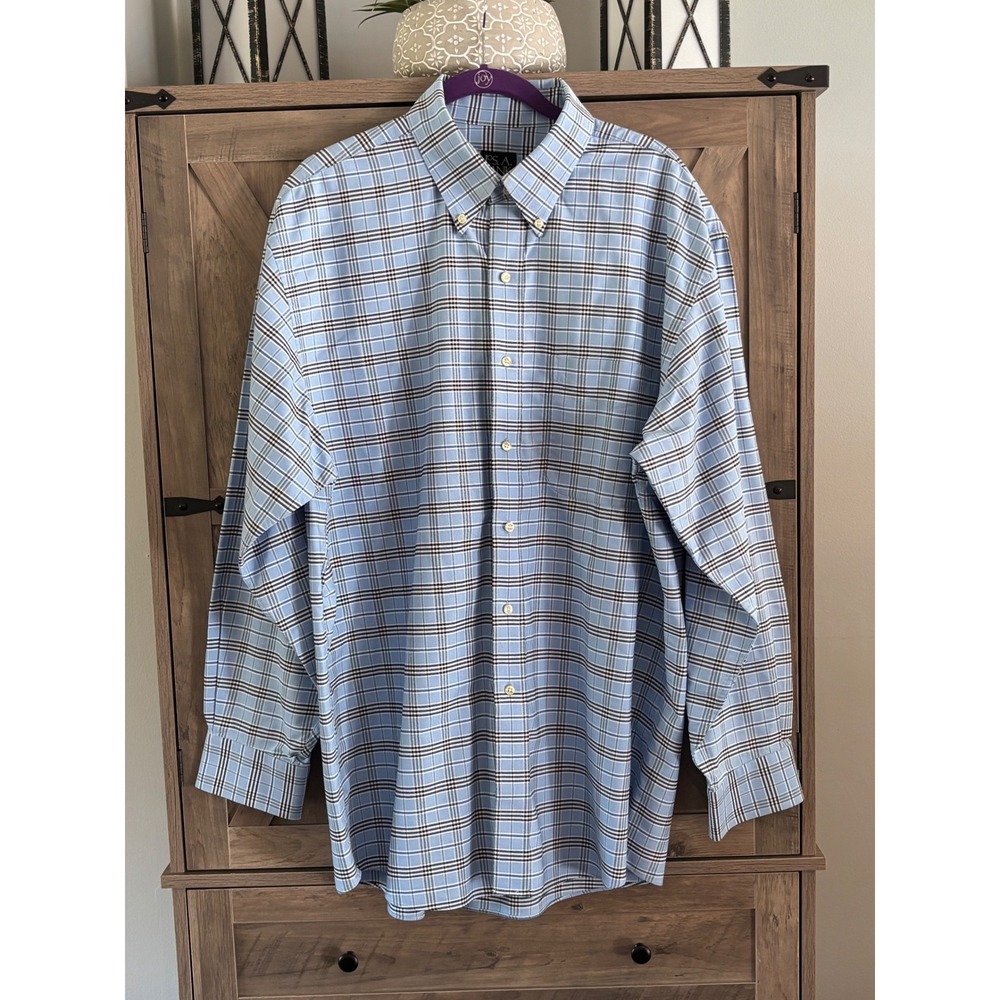Jos. A. Bank Traveler's Collection Mens Large Blue Plaid Cotton Button Down